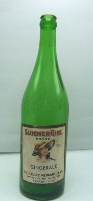 Vintage H.  D.  Lee Mercantile Co.  Summer Girl Green Glass Ginger Ale Bottle