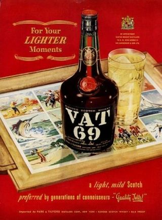 1953 Vat 69 Scotch Whisky Vintage Bottle Sport Theme Print Ad