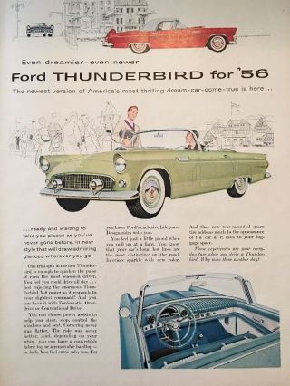 1956 Vintage Mid Century Ford Thunderbird Car Auto Print Advertisement Color Ad