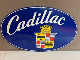 18 In Cadillac Dealer Oval Porcelain Enamel Sign