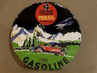 Vintage Signal Peerless Gasoline Porcelain Enamel Sign Gas Oil 12 " Pump Plate Nr