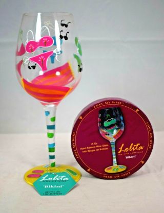 Lolita - Love My Wine - " Bikini " 15 Oz.  Hand Painted Wine Glass W/recipe