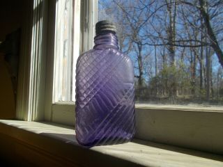 Amethyst 1890s Half Pint Pocket Whiskey Flask With Slanted Lines Cap