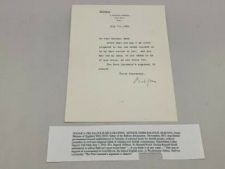 Hand Signed Uk Prime Minister Arthur James Balfour Autograph On Typed Letter