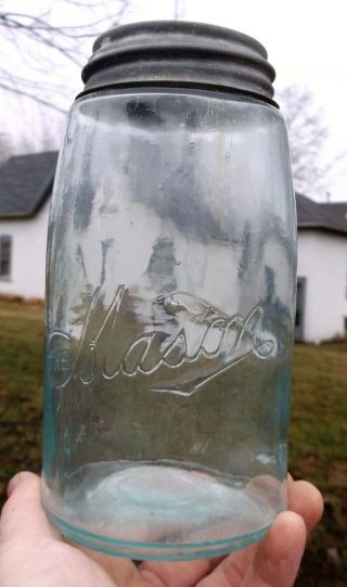 Aqua " The Mason " Quart Fruit Jar W/olive Streak " Scarce " 1910 