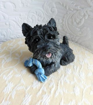 Cairn Terrier With Rope Toy Clay Mini Sculpture By Raquel From Thewrc
