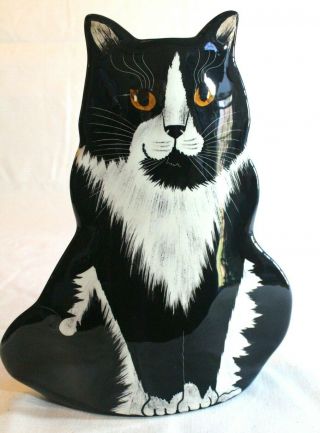 Cats By Nina 11.  5 " Tall Flat Cat Vase Black White Orange Eyes Trompe L 