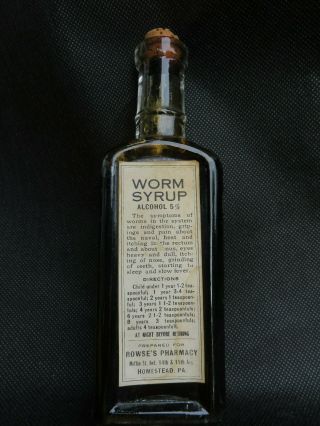 Vintage Worm Syrup Bottle,  Still Full Of Amber Colored Medic