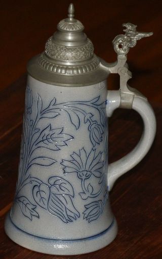 Art Nouveau " Floral " Design 1 Liter German Beer Stein Antique Stoneware