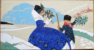 Gaston Marechaux/artist - Signed 1930s Art Deco Print: Woman & Boy In The Snow