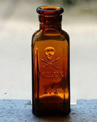 Old Vintage Amber Poison Bottle With Skull & Crossbones