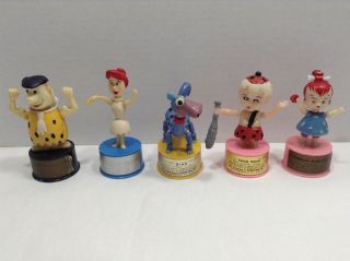 Set Of 5 Kohner Flinestones Push Puppets Dino,  Pebbles,  Bam Bam,  Wilma And Fred