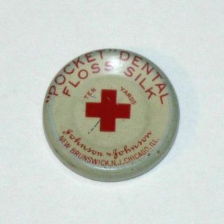 Vintage 1920s J&j Red Cross " Pocket " Dental Floss Silk Advertising Tin