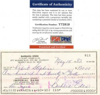 Barbara Eden Signed Personal Check Psa/dna Authenticated