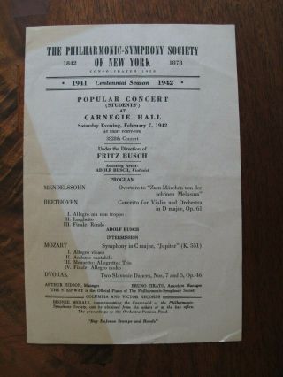 Fritz Busch W/ Adolf Busch @ Carnegie Hall Program 1942 Print 4 Pages