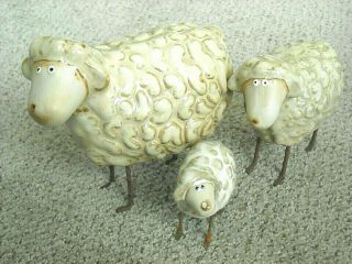 Whimsical,  Primitive,  High Glaze Ceramic,  Sheep Family (3) W.  Rusted Metal Legs
