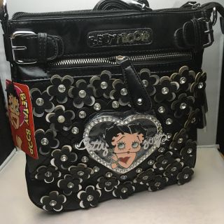 NWT Betty Boop Crossbody Black Faux Leather Purse with Rhinestones,  Collectable 2