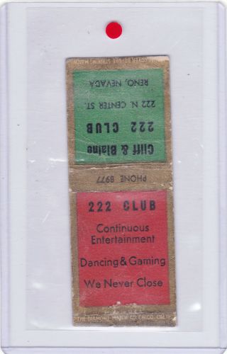 222 Club - Center St.  Matchcover (open 1941 - 44) Rare Reno Nevada Nightclub