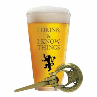 I Drink And I Know Things 17 Oz Beer Glass,  Hand Of The King Bottle Opener