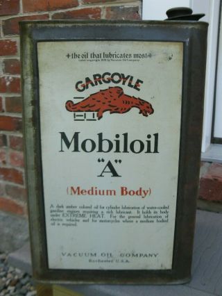 1920s 1930s Mobiloil Gargoyle " A " Medium Body 5 Gallon Oil Can Socony Vacuum