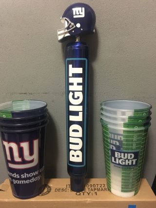 Bud Light York Giants Football 14” Beer Tap Handle And 8 Giants Cups