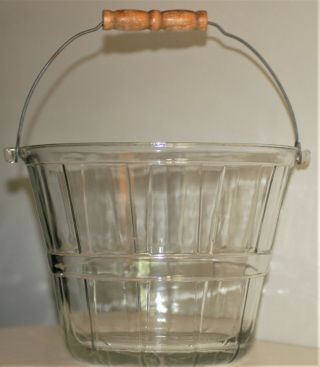 Anchor Hocking Glass Ice Bucket Pail Bushel Basket With Wood Handle