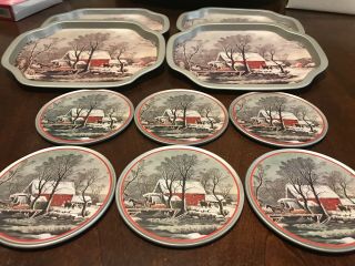 Vintage Giftco Currier And Ives 6 Tin Coaster Set With 4 Matching Trays.