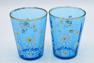 2 Vintage Blue Glass Tumblers With White Enameled Floral Pattern