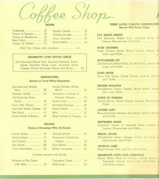 RARE MAMMOTH CAVE COFFEE SHOP MENU MAMMOTH CAVE KENTUCKY 1930 ' S 2
