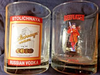 2 Vintage Glass Tumblers Beefeater London Dry Gin Stolichnaya Russian Vodka