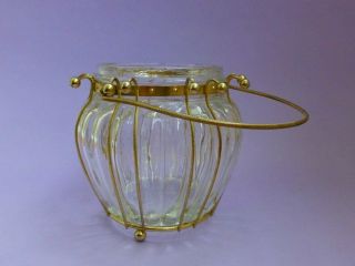 Mid Century Atomic Glass Ice Bucket In Gold Wire Carrier,  Rare Vintage 1950s