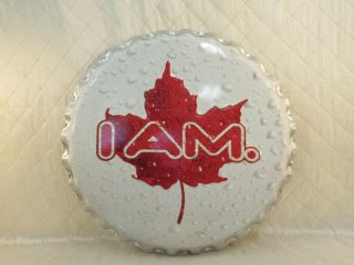 Molson Canadian Beer Sign Tin I Am.  Round Bottle Cap Shape Maple Leaf Vtg 22 "