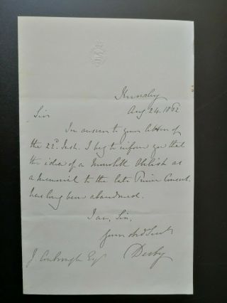 Earl Derby - Prime Minister - Re Prince Albert Memorial - Autograph Letter 1862