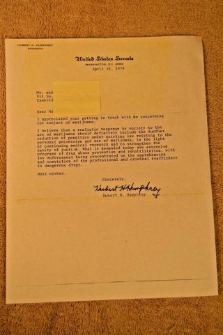 Senator Hubert Humphrey 1974 Signed Letter - Marijuana