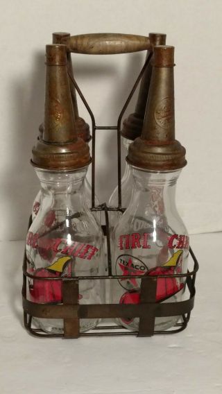 (4) Fire Chief Hat Texaco Gas Station Motor Oil Glass Bottles W/ Carrying Crate