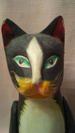 Vintage 14 " Black White Hand Painted Carved Americana Jointed Sitting Kitty Cat