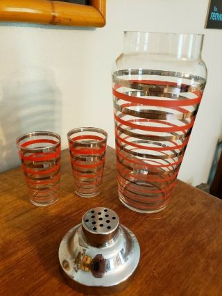 Vintage Glass Cocktail Shaker Mid Century Modern With 2 Glasses