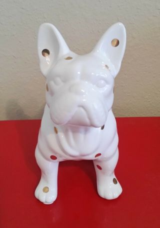 Unique,  Whimsical French Bulldog Statue Glossy White With Gold Dots