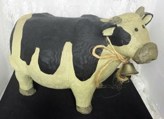 Decorative Faux Carved Wooden Cow 11 " Tall X 15 " Nose To Tail X 7 " W Brass Bell