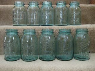 10 Blue Ball Perfect Mason Quart Jars w/ Rare Glass Lids Vintage 7