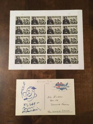Rare - Bill Mauldin - Autograph Post Card With Drawing - Plus