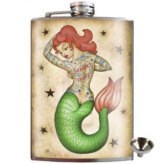 Tattoo Mermaid Stainless Steel Hip Flask Pin Up Rockabilly Retro Unique Gift