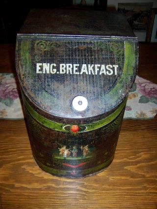 Antique Store Large Advertising Tea Tin Bin Container Decorated Eng Breakfast