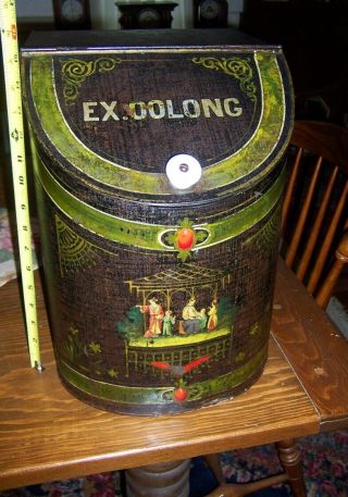Antique Store Large Advertising Tea Tin Bin Container Decorated Ex Oolong Tea