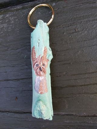 Hand Painted Dog Art Yorkie Yorkshire Terrier Driftwood Key Ring Ooak