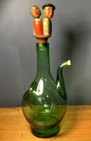 Vintage Hand Blown Green Glass Italian Wine Bottle W/ Ice & Carved Wood Stopper