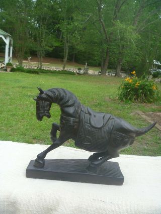 Vintage Carved Wooden Asian Chinese War Horse In Battle 13 " Statue