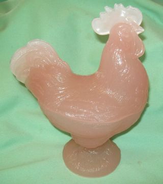 Estate Pink Glass Standing Rooster Hen On Nest Candy Dish Neat Color 2 Pc