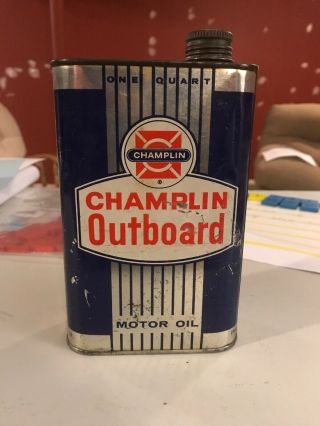Vintage Champlin Outboard Motor Oil Can Great Graphics Rare Flat Quart