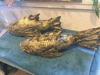 2 Vintage Hand Carved Painted Fish Koi Gold Wood